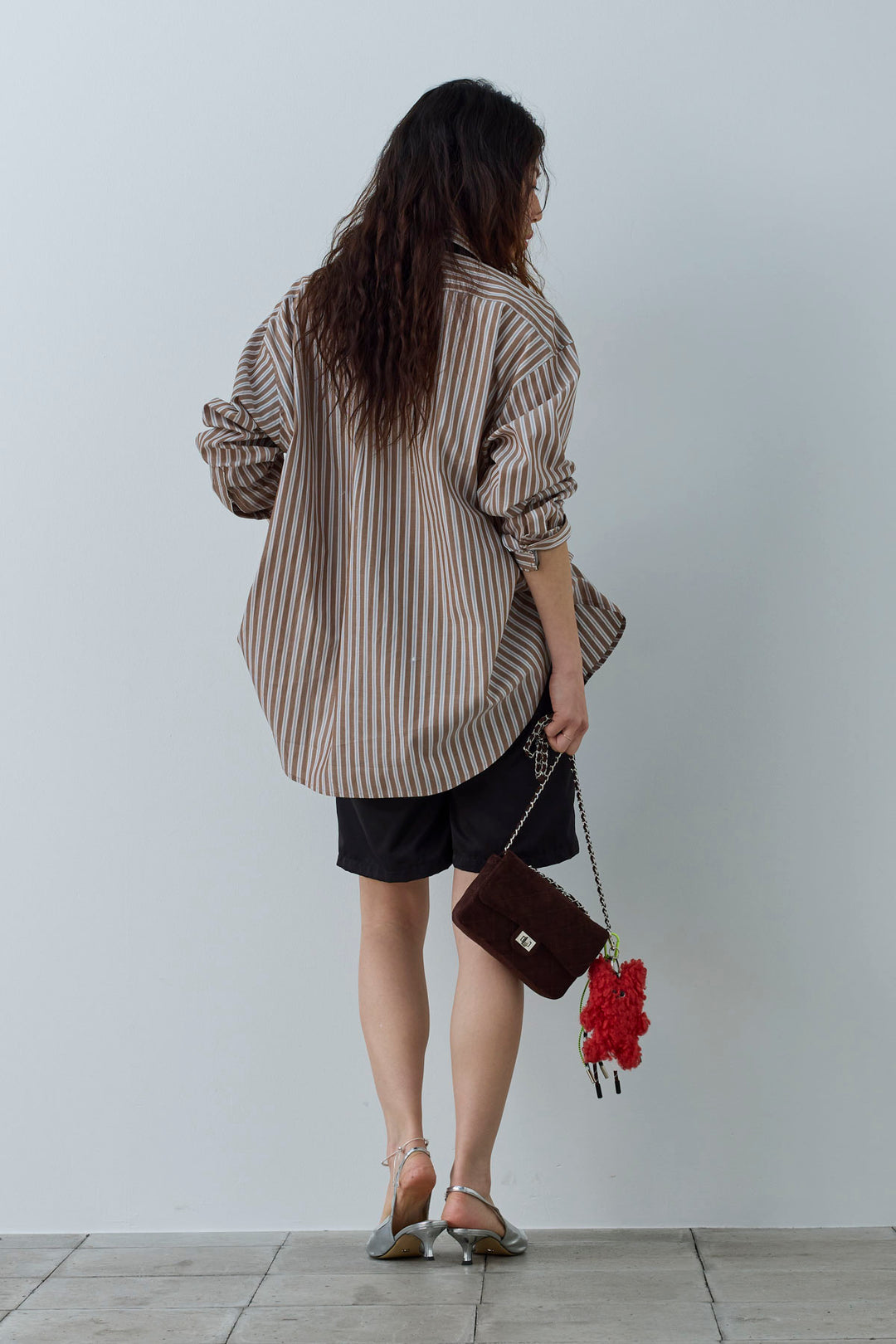 [予約/SET]刺繍入りストライプオーバーサイズシャツ+ツイルタックハーフパンツ(2set)