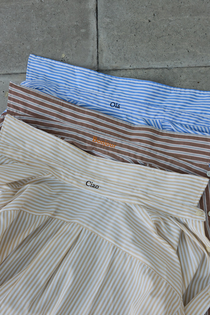 [予約/SET]刺繍入りストライプオーバーサイズシャツ+ツイルタックハーフパンツ(2set)