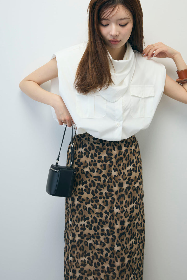 [予約/SET]スカーフ付きボックスシャツ+レオパードシアースカート(2set)