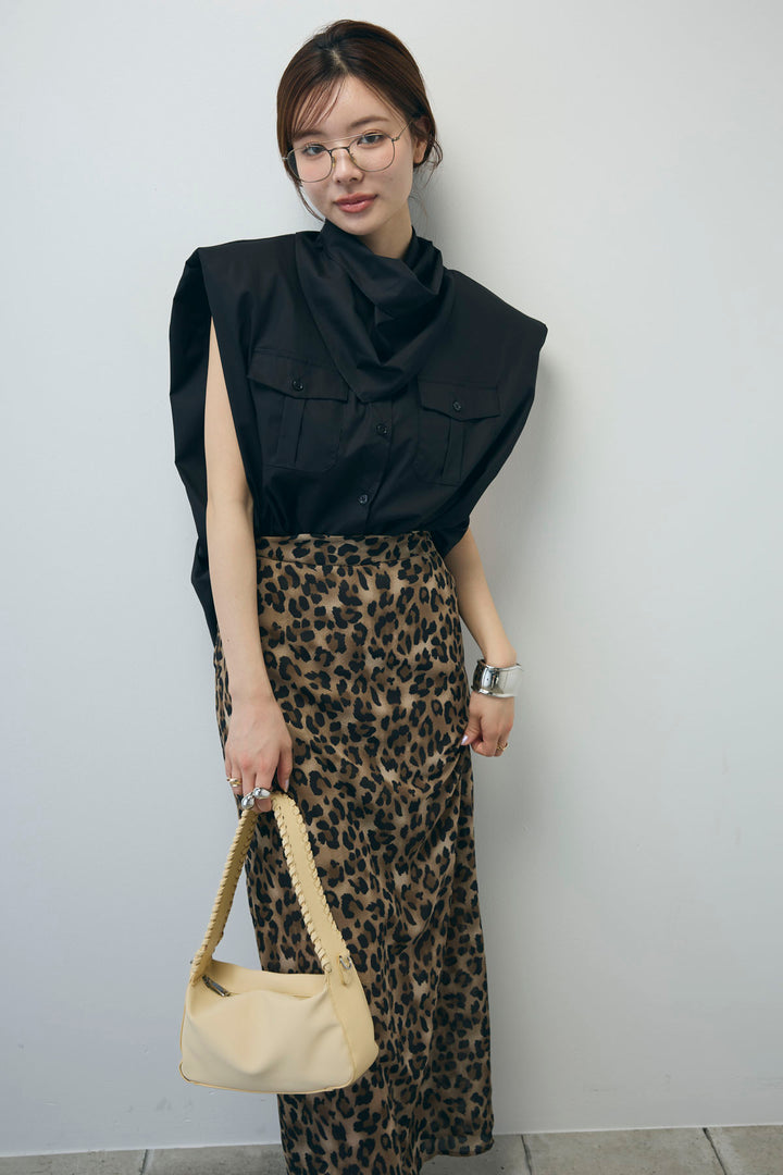 [予約/SET]スカーフ付きボックスシャツ+レオパードシアースカート(2set)