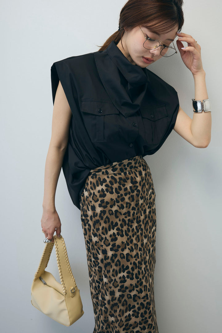 [予約/SET]スカーフ付きボックスシャツ+レオパードシアースカート(2set)