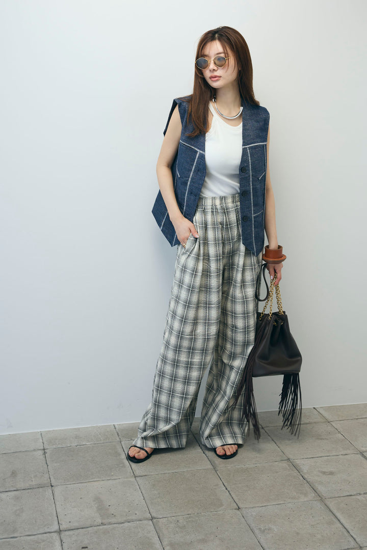 [予約/SET]デニムジレ+チェックワイドパンツ(2set)