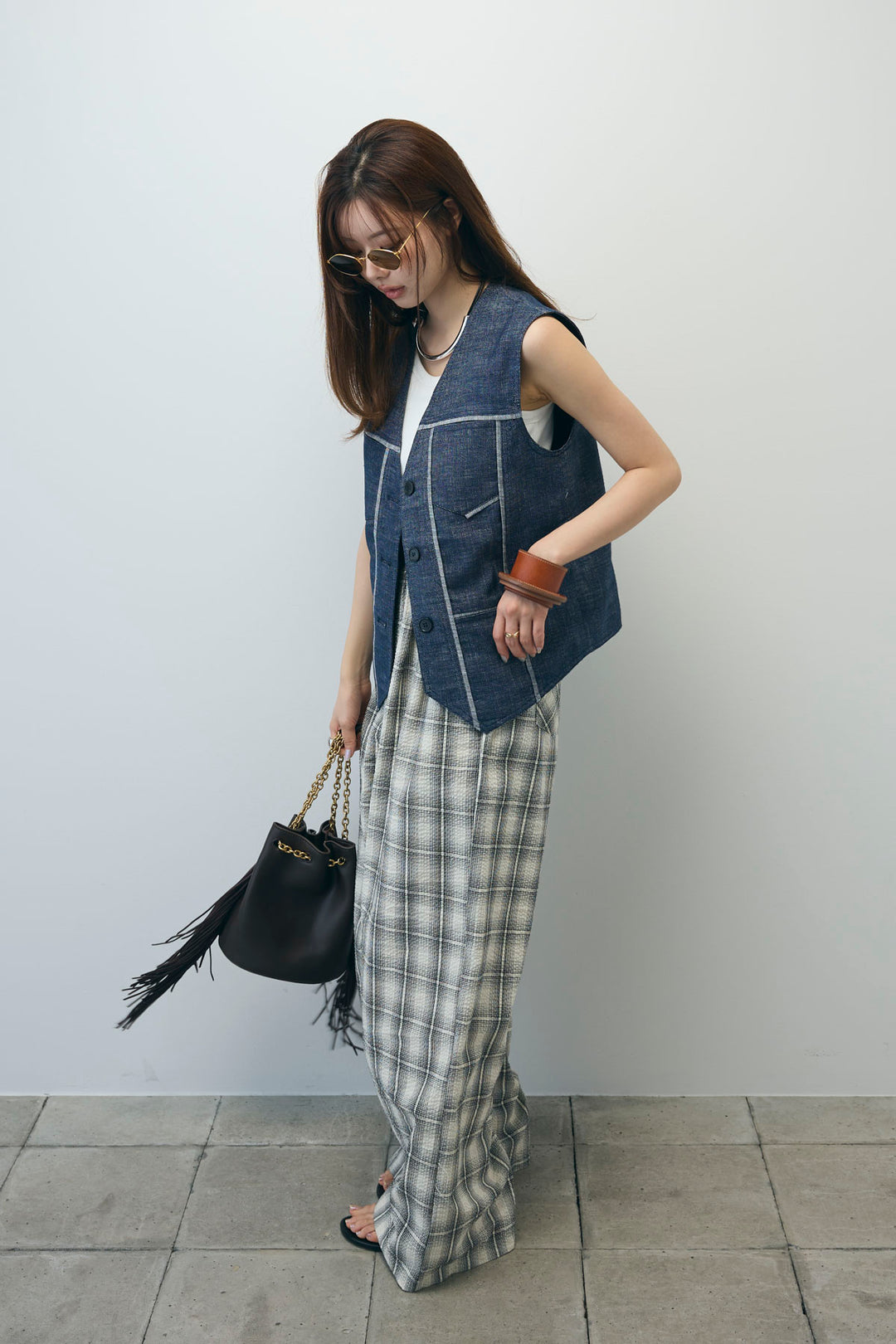 [予約/SET]デニムジレ+チェックワイドパンツ(2set)