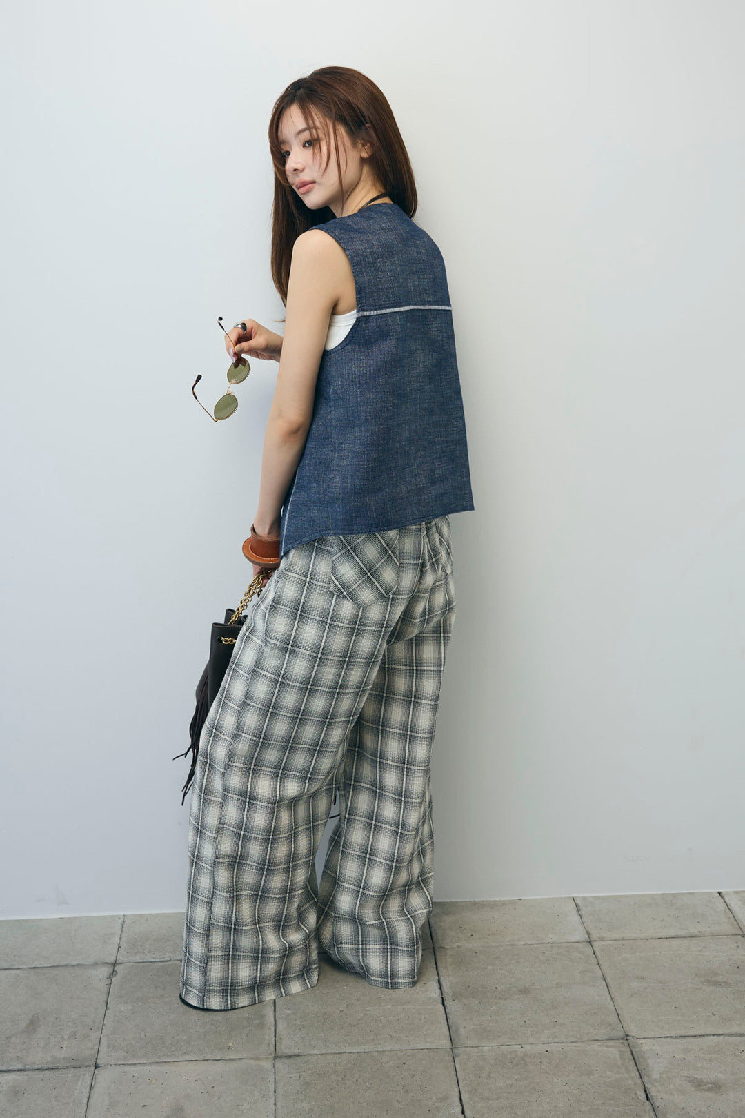 [予約/SET]デニムジレ+チェックワイドパンツ(2set)