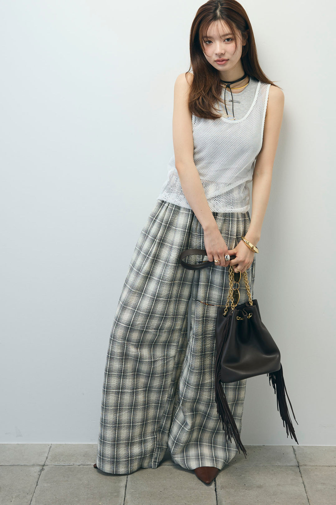 [予約/SET]メッシュタンクトップセット+チェックワイドパンツ(2set)