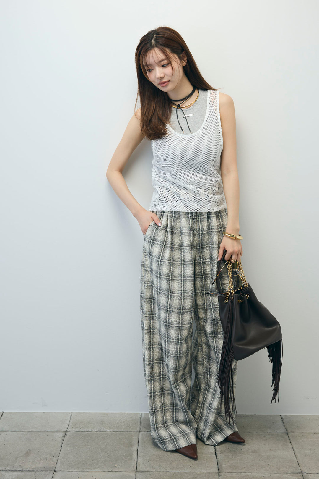 [予約/SET]メッシュタンクトップセット+チェックワイドパンツ(2set)