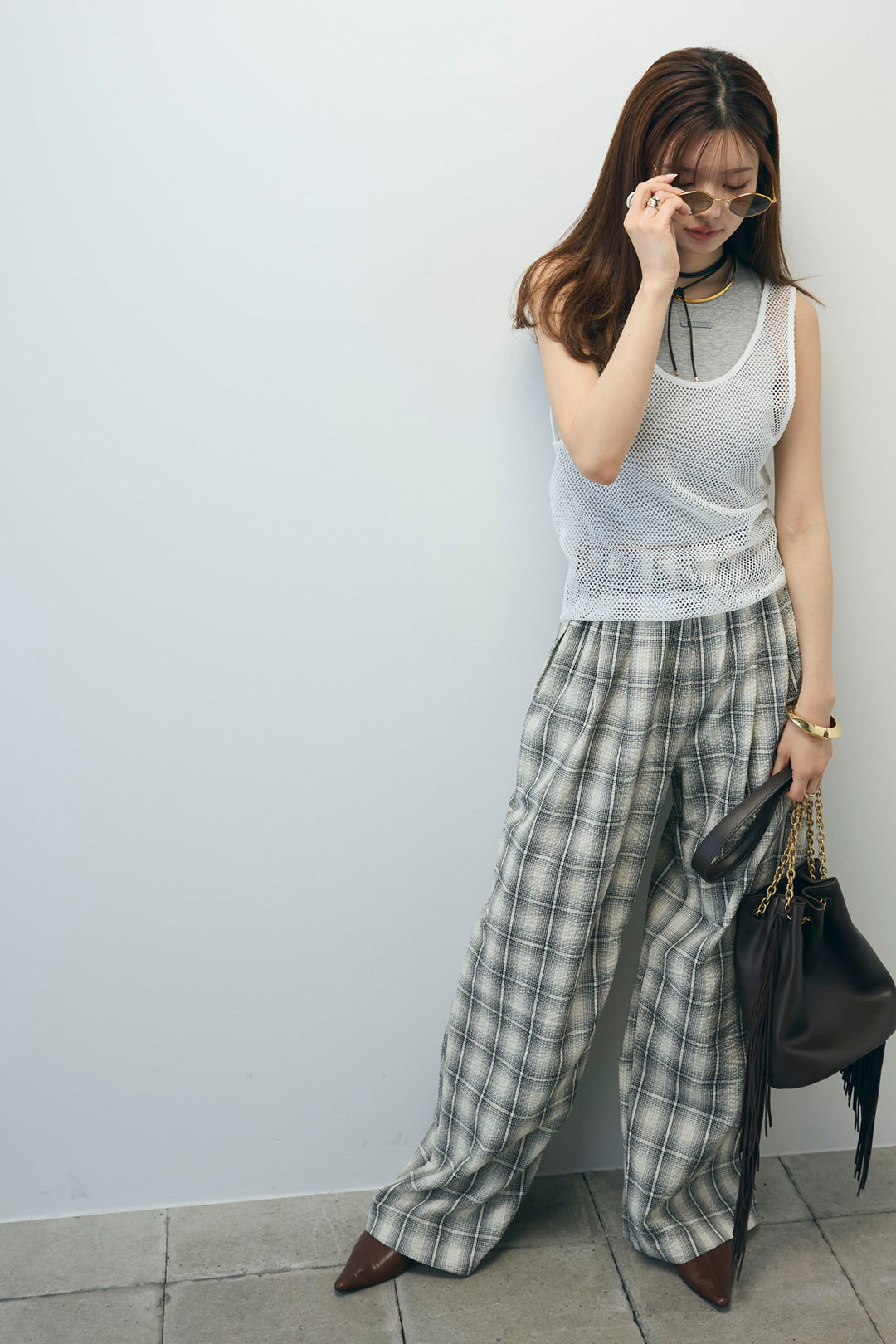 [予約/SET]メッシュタンクトップセット+チェックワイドパンツ(2set)