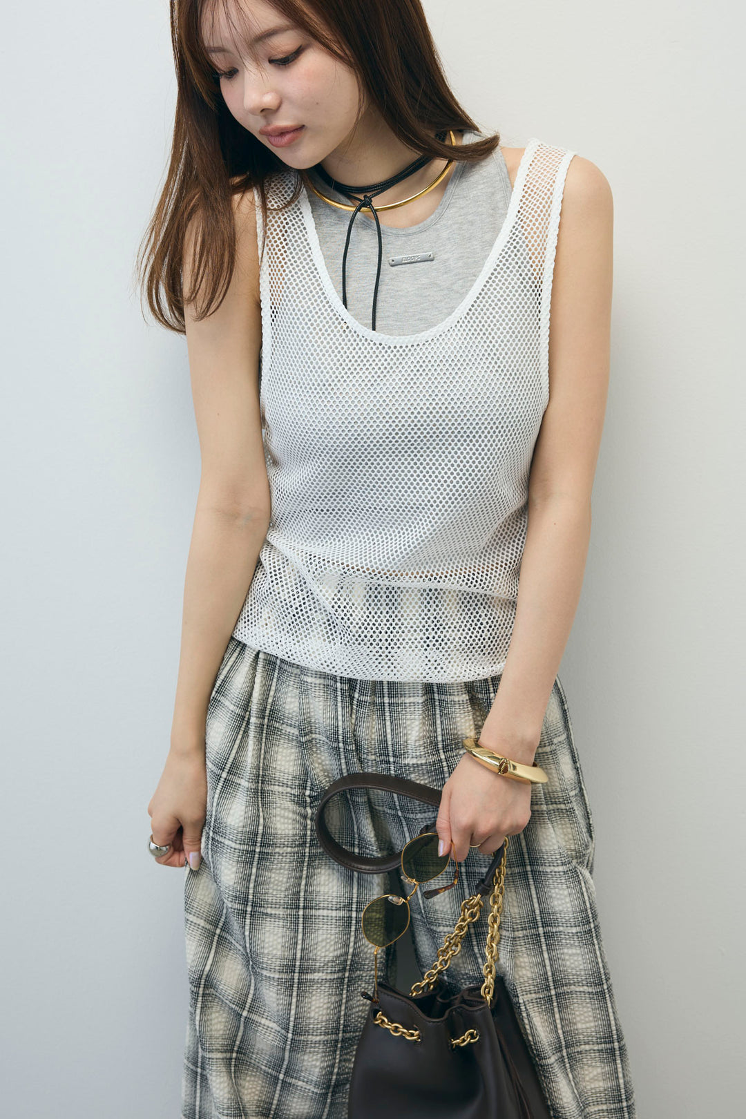 [予約/SET]メッシュタンクトップセット+チェックワイドパンツ(2set)