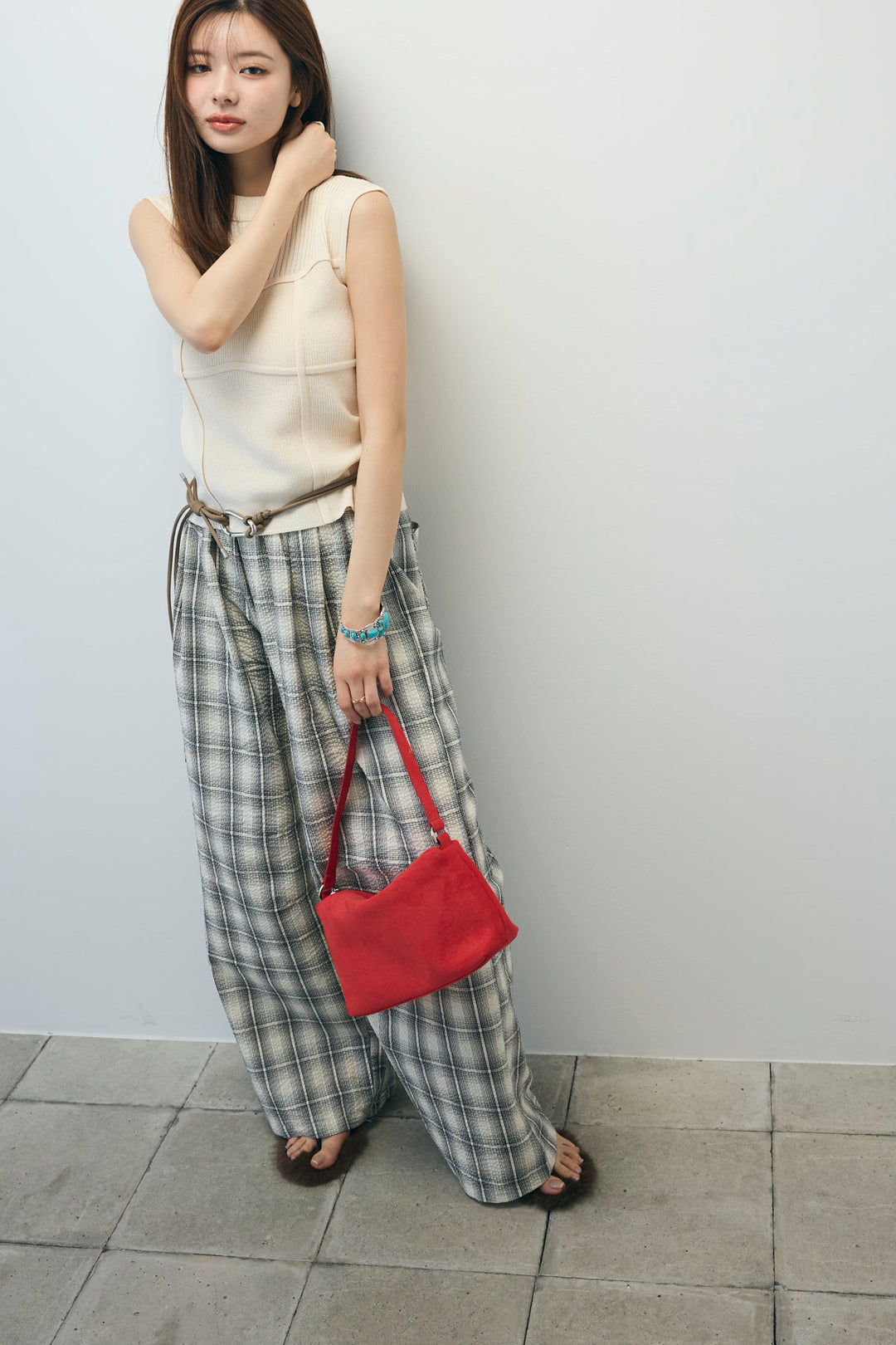 [予約/SET]ビスチェ見えノースリーブニット+チェックワイドパンツ(2set)