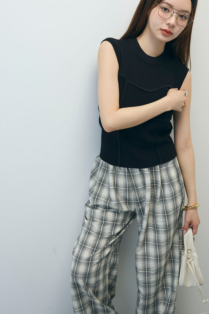 [予約/SET]ビスチェ見えノースリーブニット+チェックワイドパンツ(2set)