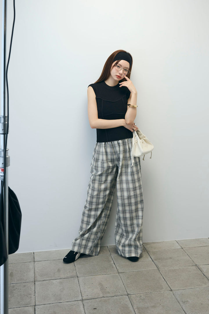 [予約/SET]ビスチェ見えノースリーブニット+チェックワイドパンツ(2set)