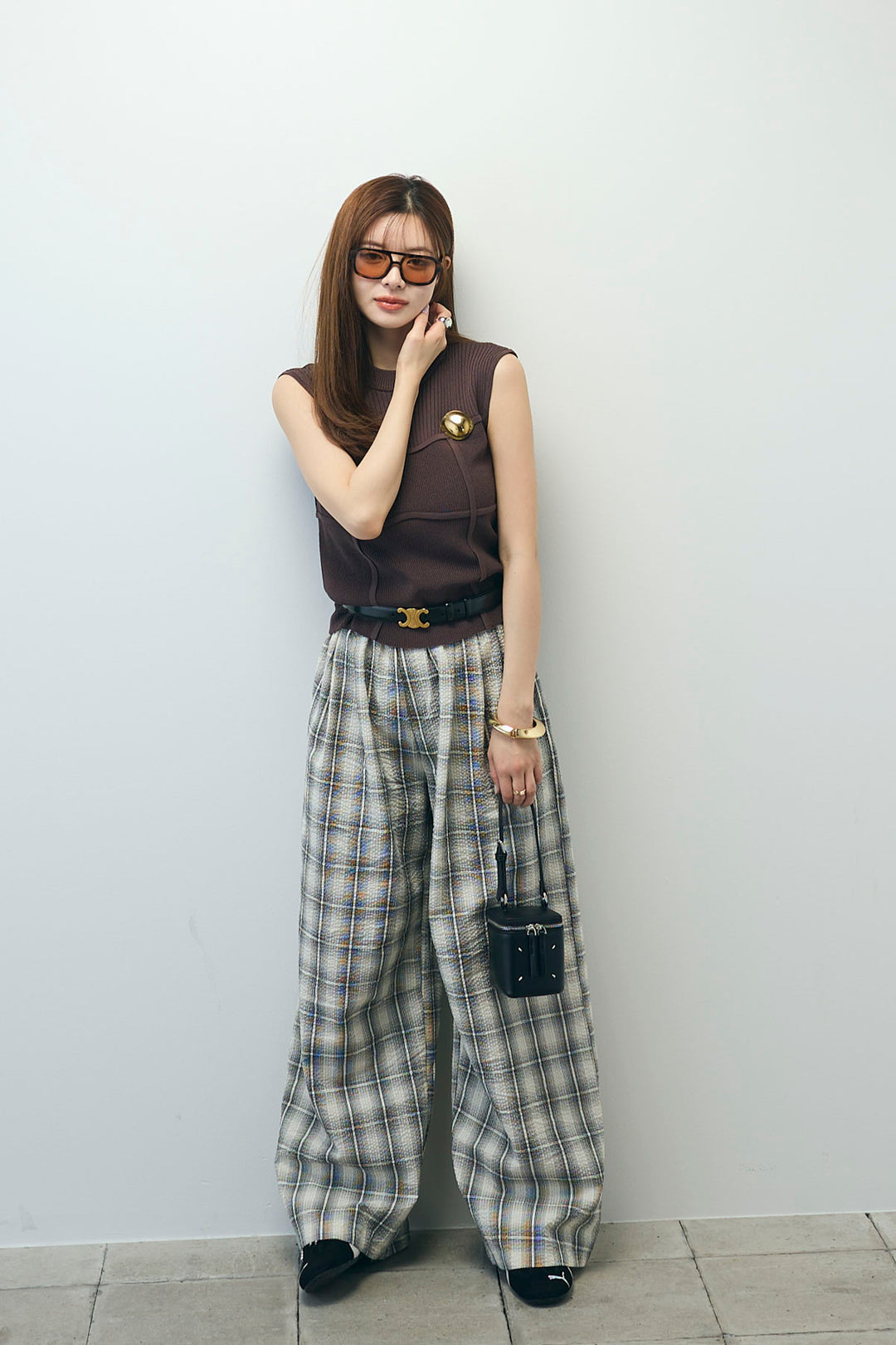 [予約/SET]ビスチェ見えノースリーブニット+チェックワイドパンツ(2set)