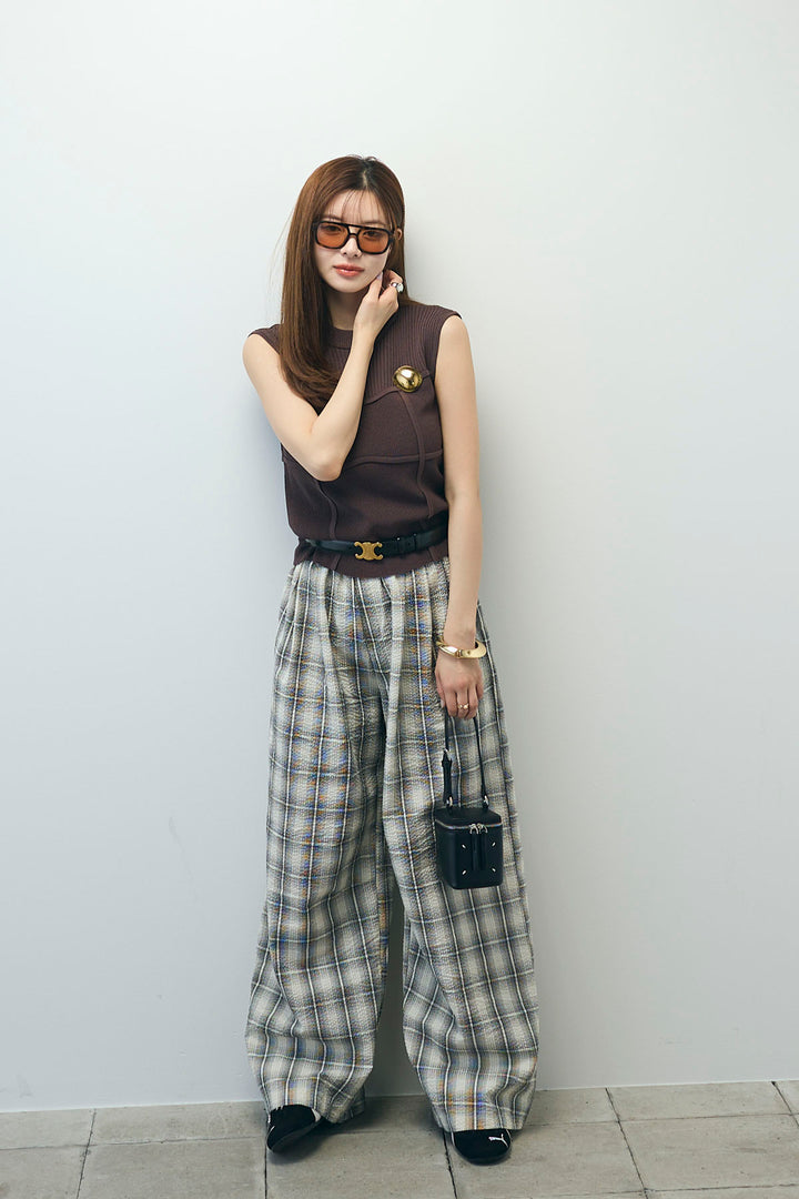 [予約/SET]ビスチェ見えノースリーブニット+チェックワイドパンツ(2set)