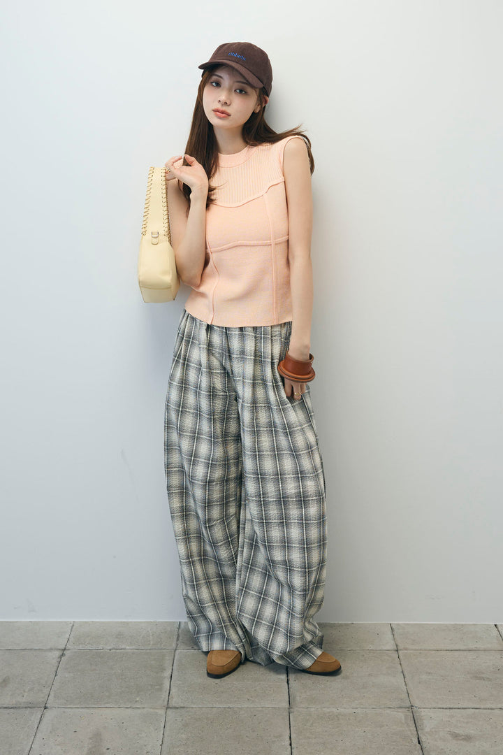 [予約/SET]ビスチェ見えノースリーブニット+チェックワイドパンツ(2set)