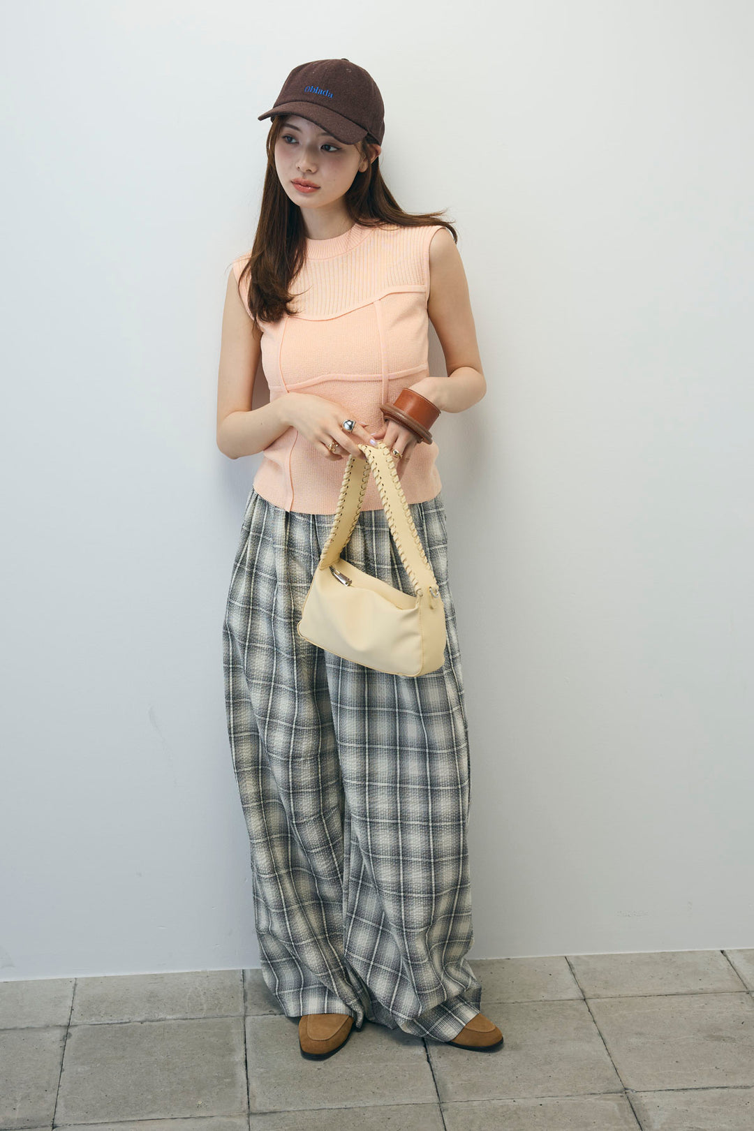 [予約/SET]ビスチェ見えノースリーブニット+チェックワイドパンツ(2set)