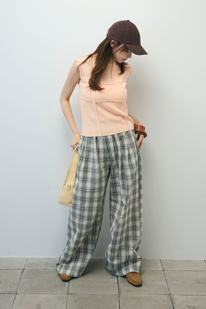 [予約/SET]ビスチェ見えノースリーブニット+チェックワイドパンツ(2set)