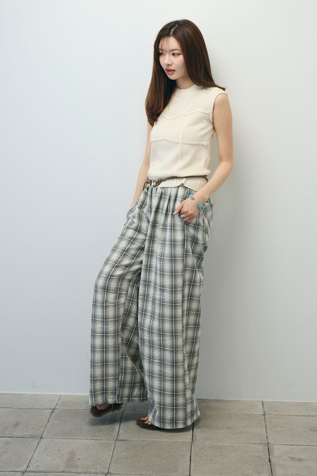 [予約/SET]ビスチェ見えノースリーブニット+チェックワイドパンツ(2set)