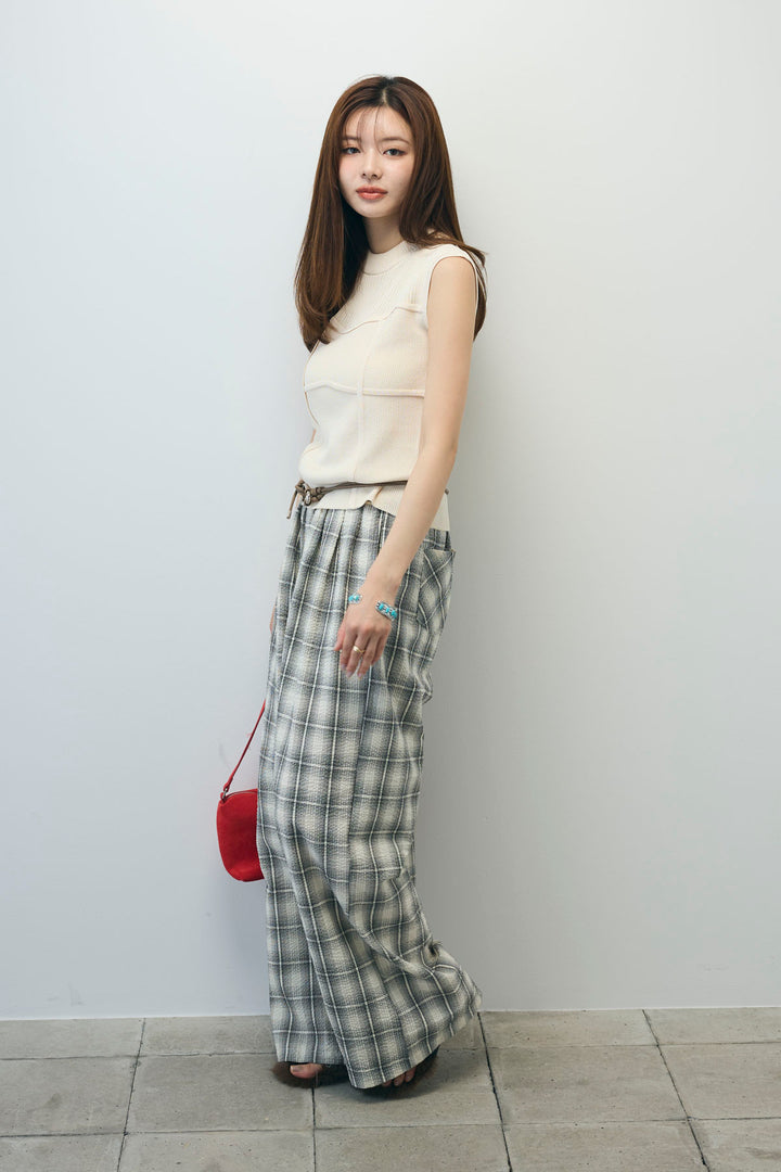 [予約/SET]ビスチェ見えノースリーブニット+チェックワイドパンツ(2set)