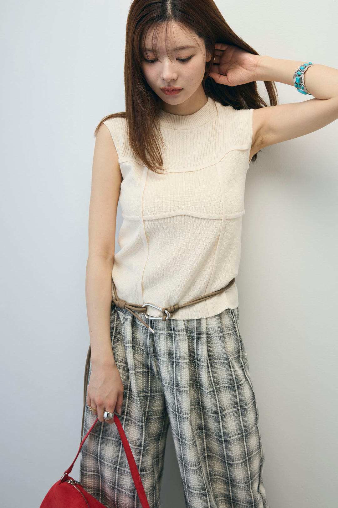 [予約/SET]ビスチェ見えノースリーブニット+チェックワイドパンツ(2set)