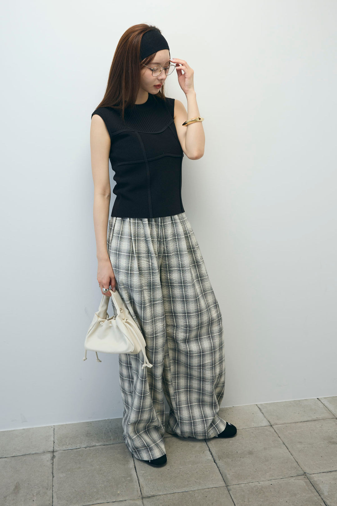 [予約/SET]ビスチェ見えノースリーブニット+チェックワイドパンツ(2set)