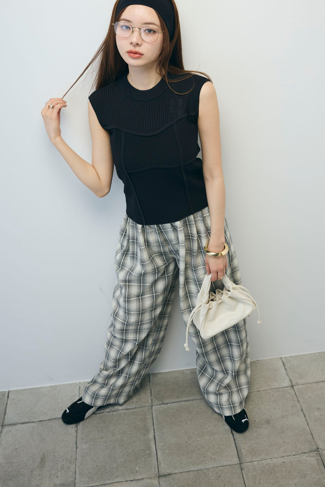 [予約/SET]ビスチェ見えノースリーブニット+チェックワイドパンツ(2set)