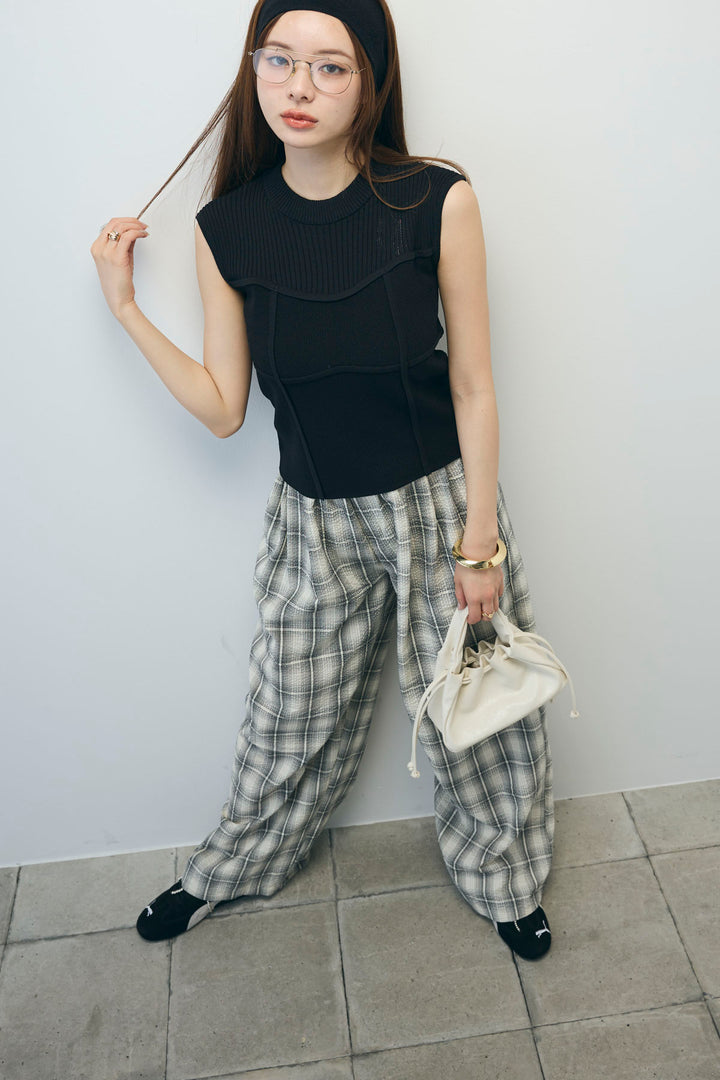 [予約/SET]ビスチェ見えノースリーブニット+チェックワイドパンツ(2set)
