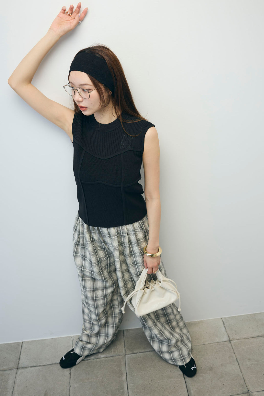 [予約/SET]ビスチェ見えノースリーブニット+チェックワイドパンツ(2set)