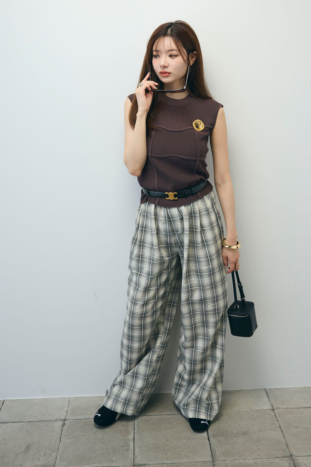 [予約/SET]ビスチェ見えノースリーブニット+チェックワイドパンツ(2set)