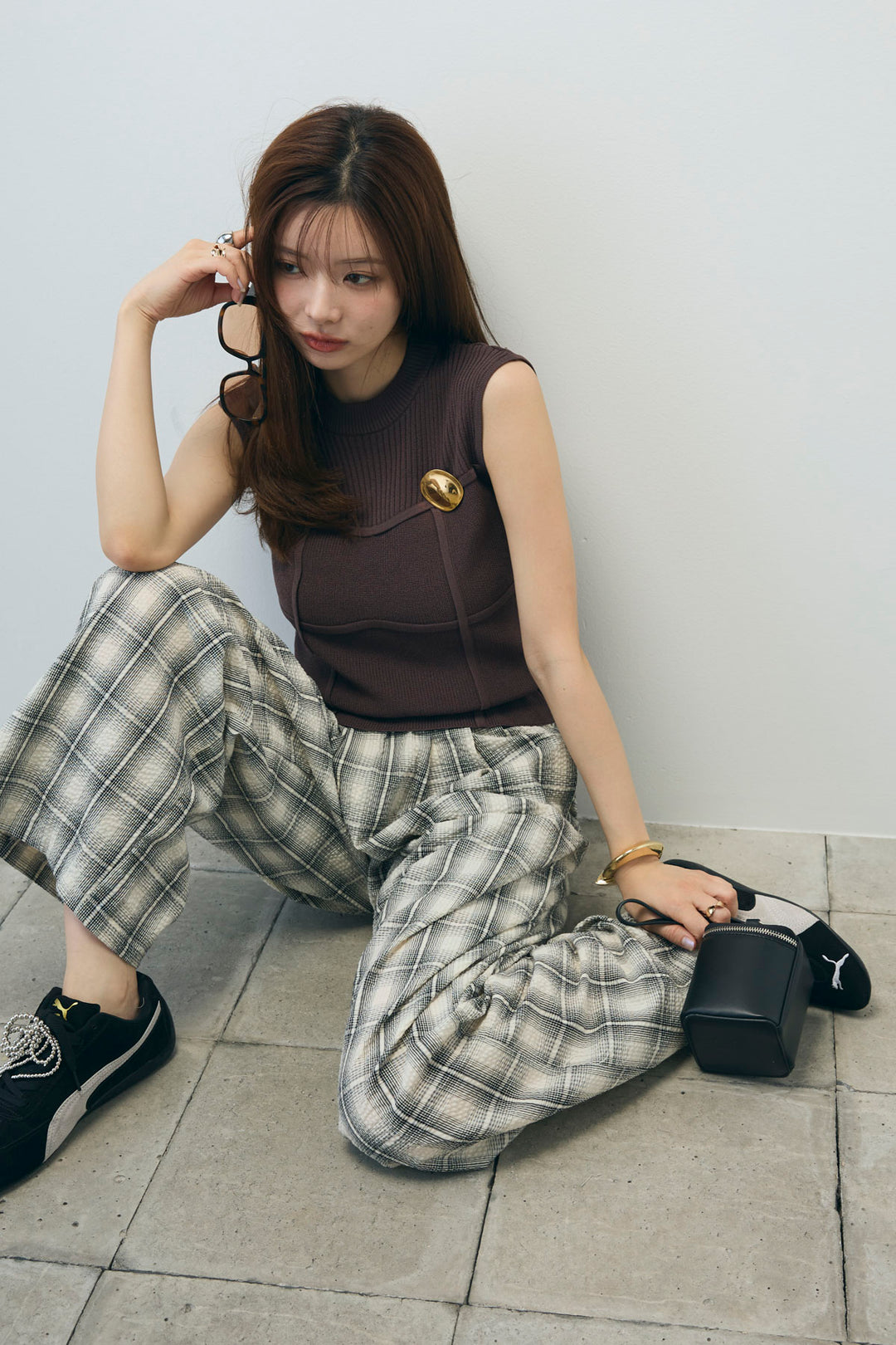 [予約/SET]ビスチェ見えノースリーブニット+チェックワイドパンツ(2set)