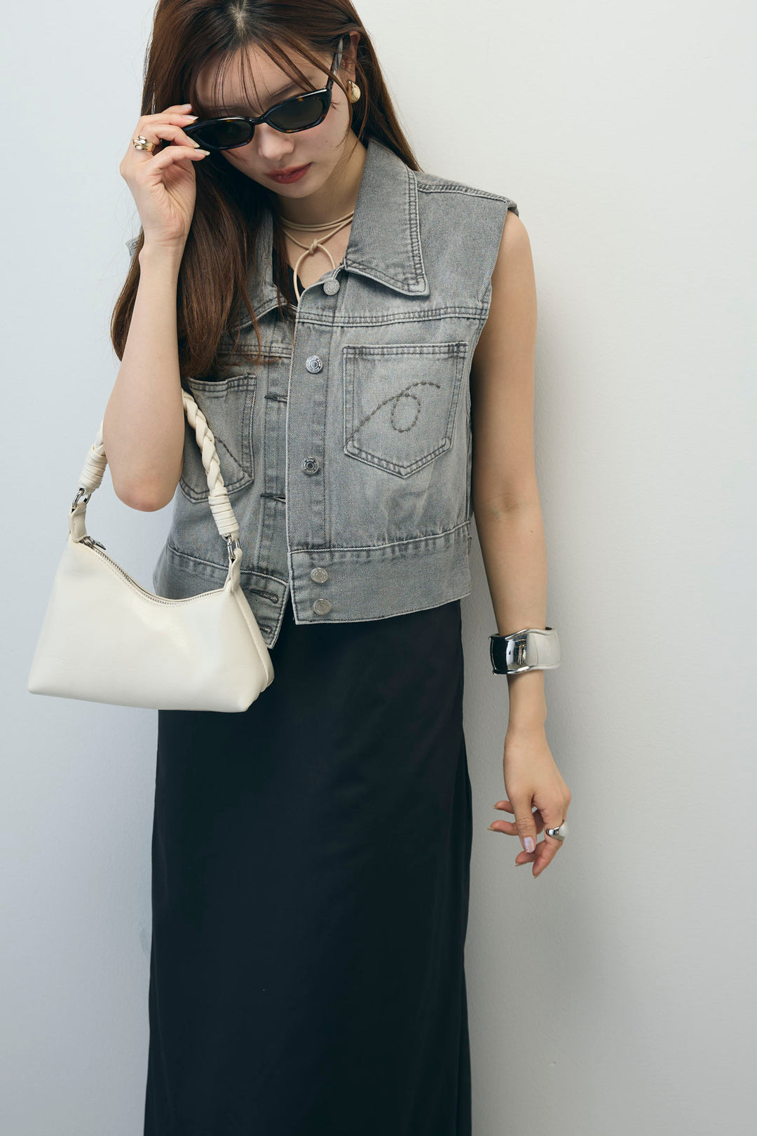 [予約/SET]コンパクトデニムジャケット+ワンショルダーロングワンピース(2set)