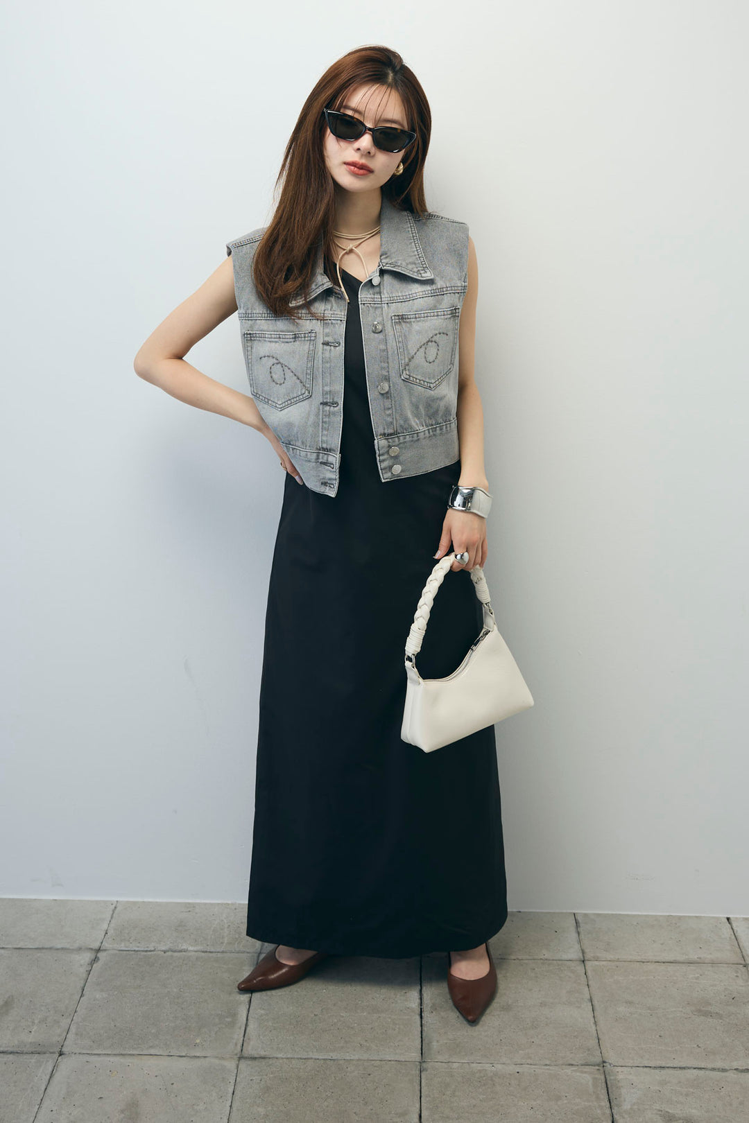 [予約/SET]コンパクトデニムジャケット+ワンショルダーロングワンピース(2set)