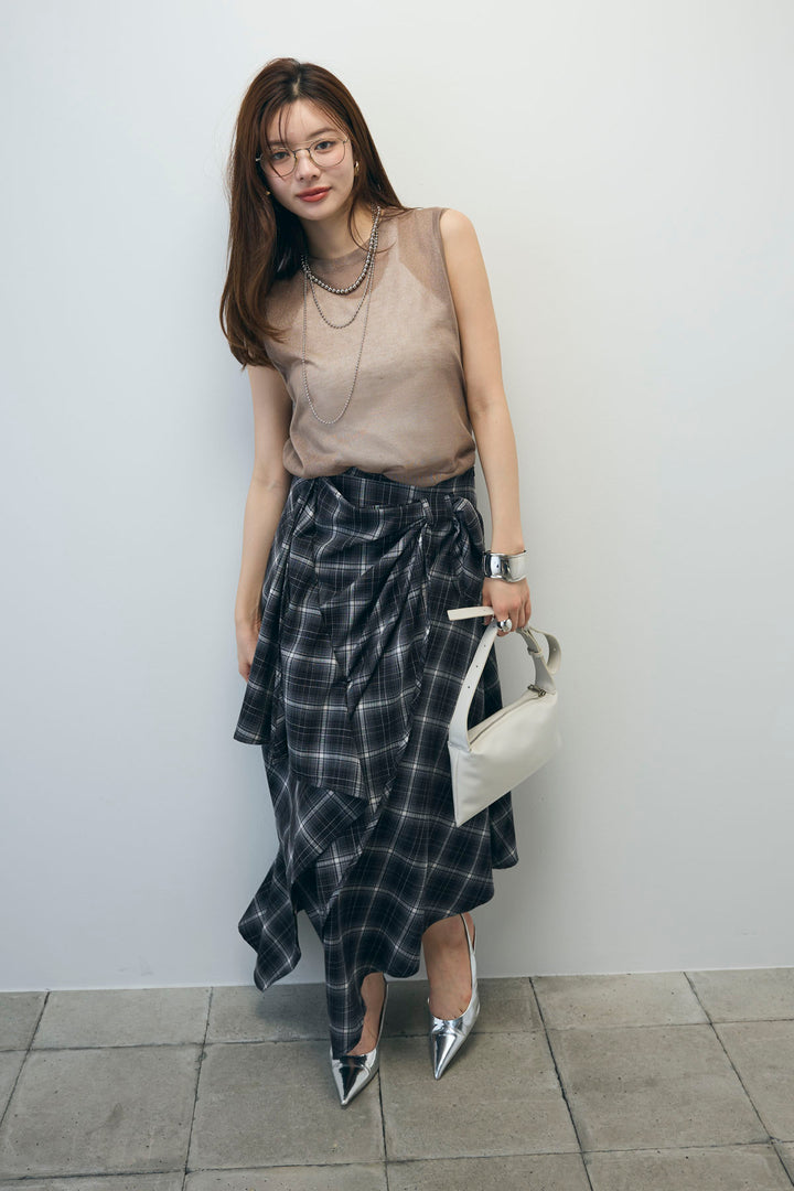 [予約/SET]シアーノースリーブニット+カップ付きホルターネックタンク+アシンメトリースカート(3set)