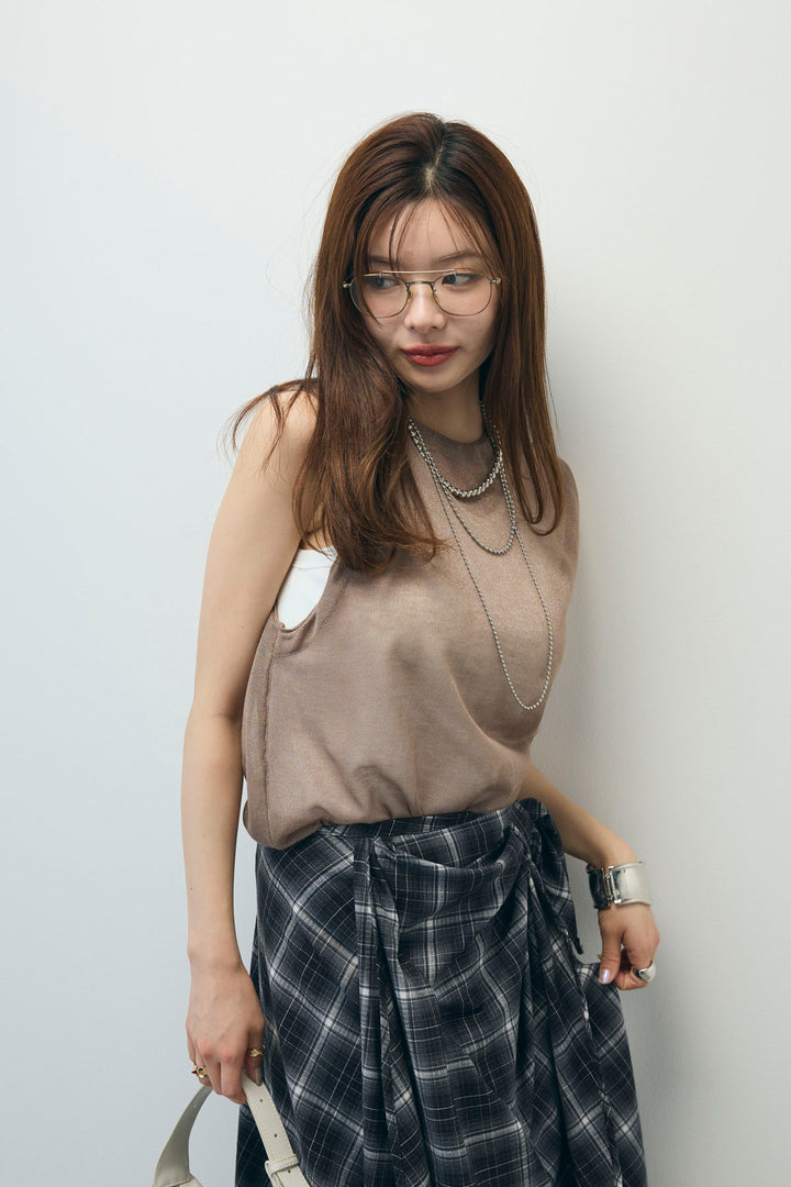 [予約/SET]シアーノースリーブニット+カップ付きホルターネックタンク+アシンメトリースカート(3set)