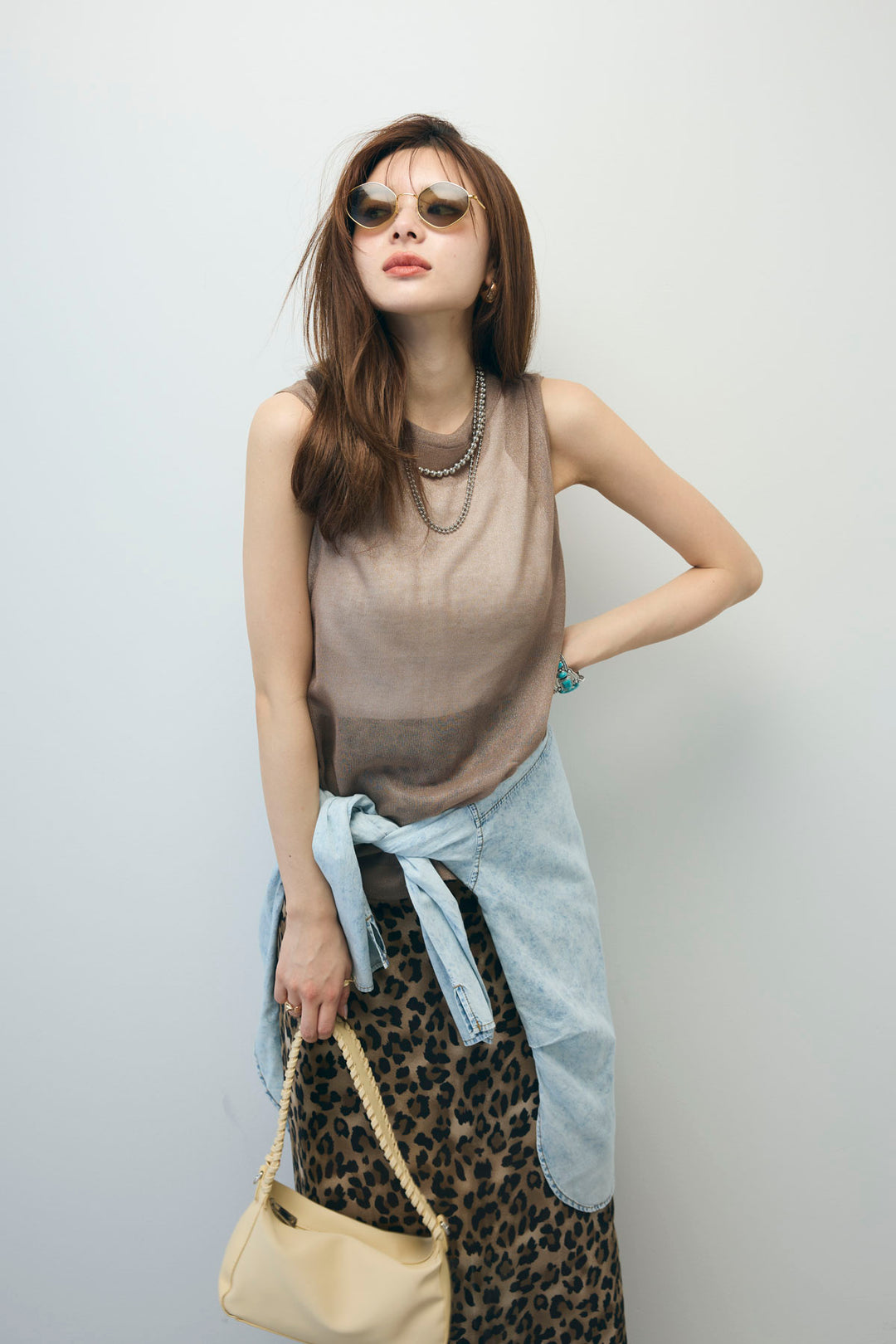 [予約/SET]デニムライクシャツ+シアーノースリーブニット(2set)