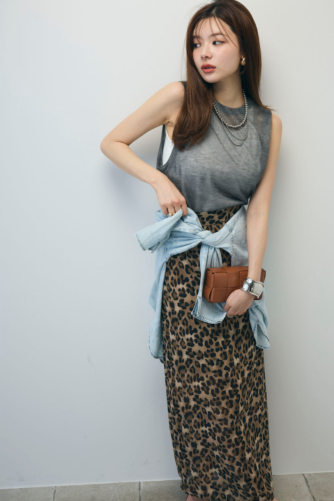 [予約/SET]デニムライクシャツ+シアーノースリーブニット(2set)