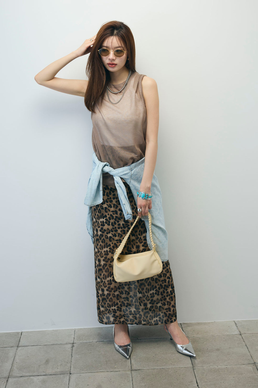 [予約/SET]デニムライクシャツ+シアーノースリーブニット+レオパードシアースカート(3set)