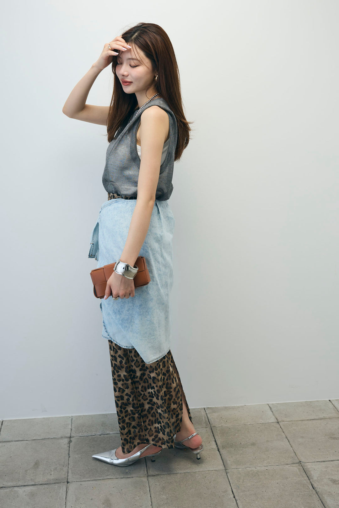 [予約/SET]シアーノースリーブニット+レオパードシアースカート(2set)