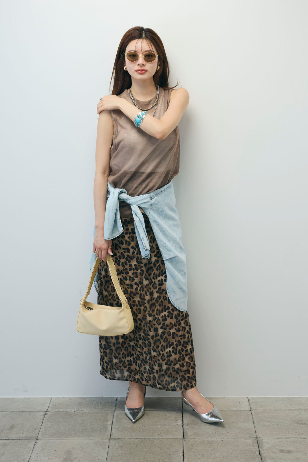 [予約/SET]デニムライクシャツ+シアーノースリーブニット+レオパードシアースカート(3set)