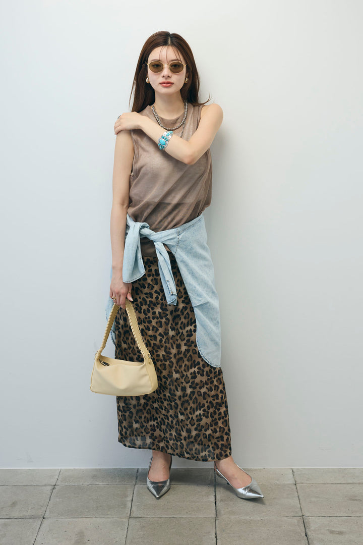 [予約/SET]デニムライクシャツ+シアーノースリーブニット+レオパードシアースカート(3set)