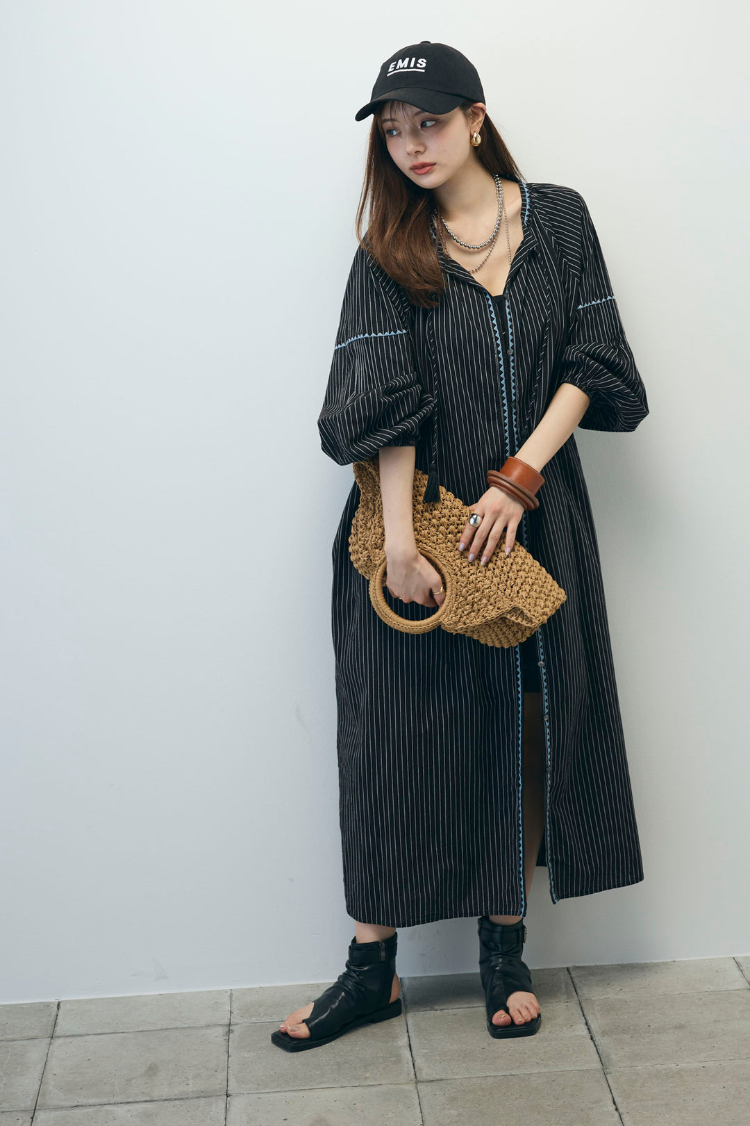 [予約/SET]ストライプ刺繍ワンピース+ツイルタックハーフパンツ(2set)