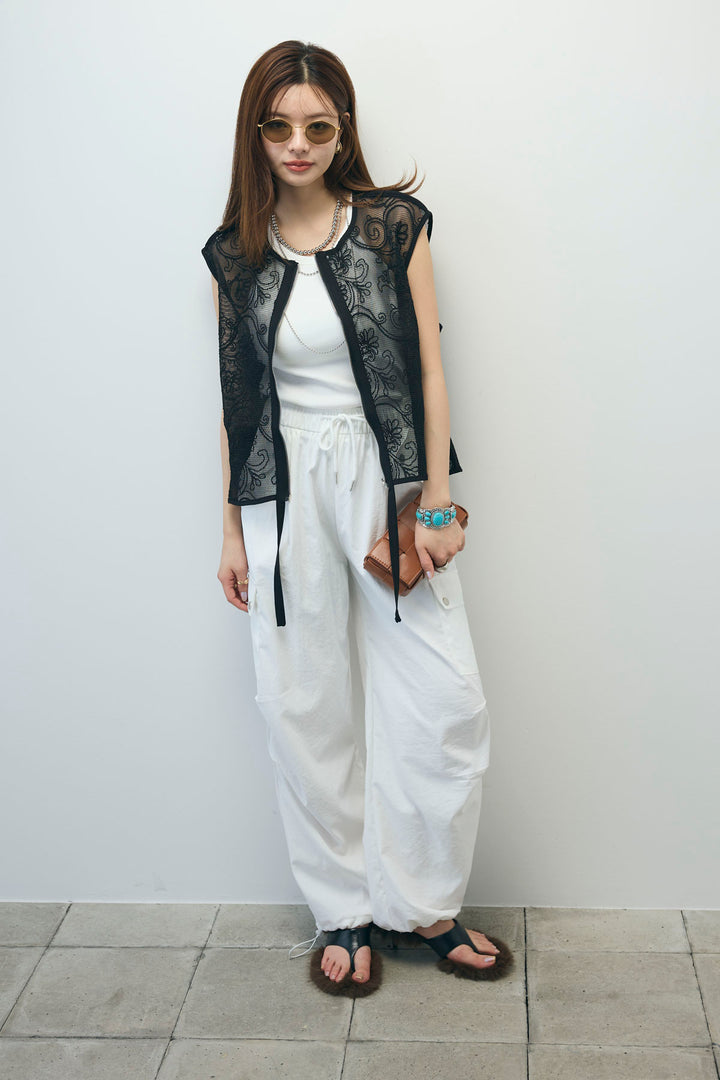 [予約/SET]シアーエンブロイダリーZIPトップス+カップ付きホルターネックタンク+カーゴパンツ(3set)