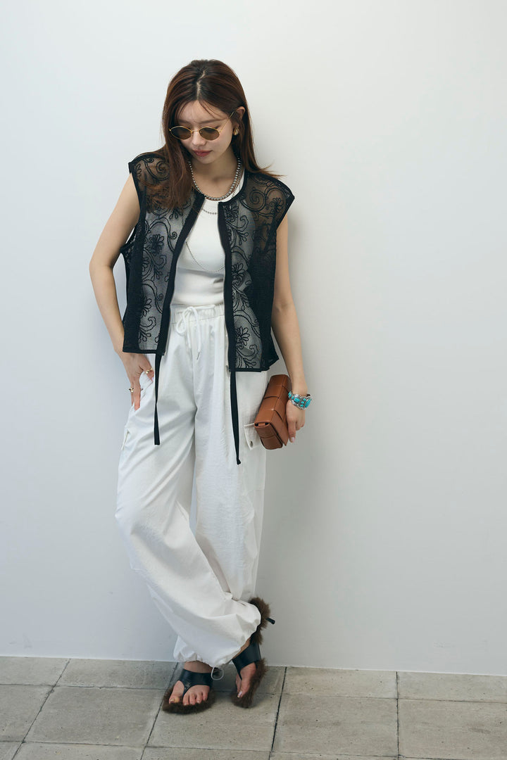 [予約/SET]シアーエンブロイダリーZIPトップス+カップ付きホルターネックタンク+カーゴパンツ(3set)