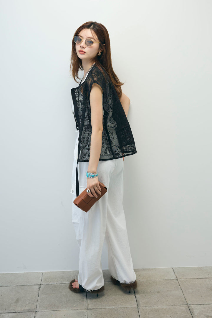 [予約/SET]シアーエンブロイダリーZIPトップス+カップ付きホルターネックタンク+カーゴパンツ(3set)