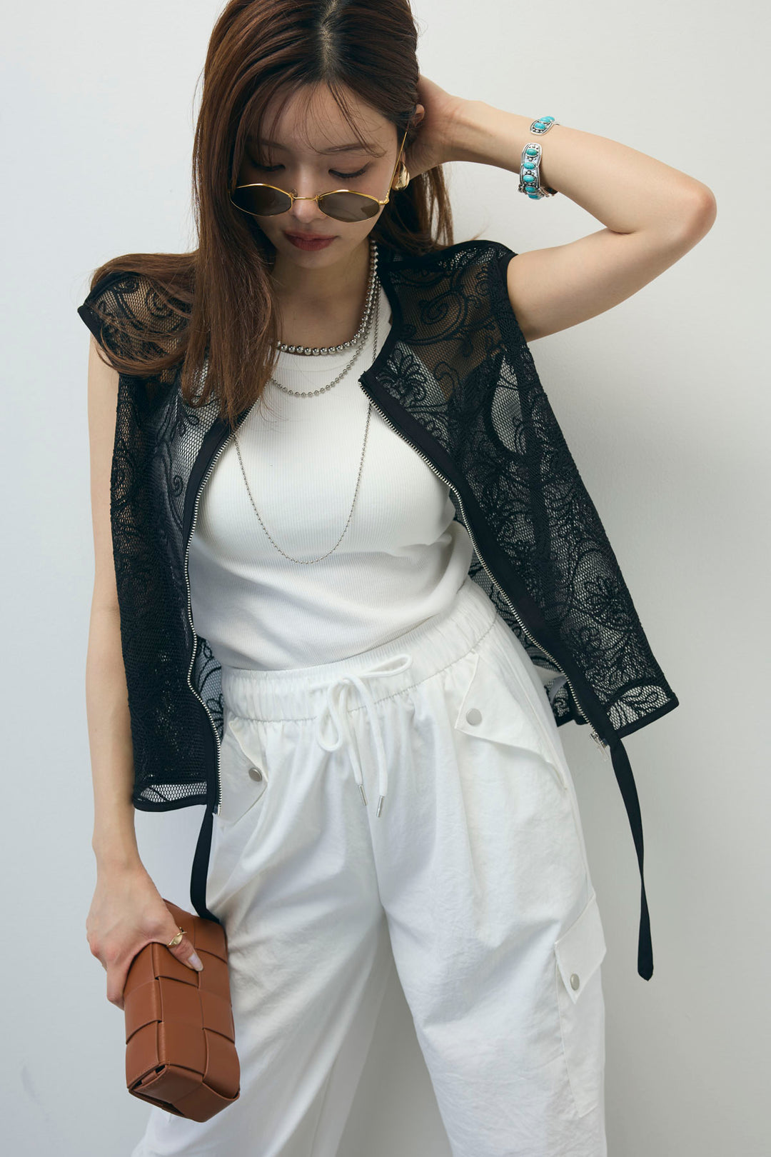 [予約/SET]シアーエンブロイダリーZIPトップス+カーゴパンツ(2set)