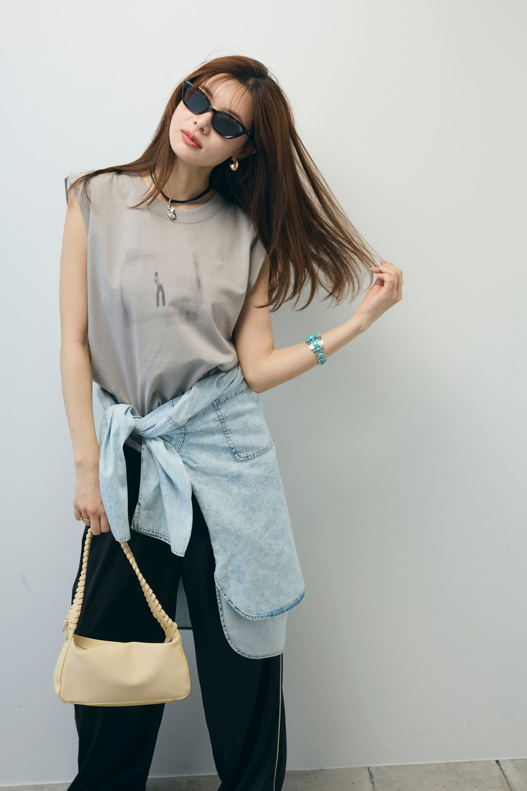 [予約/SET]バックオープンフォトT+サイドラインサテンパンツ+デニムライクシャツ(3set)