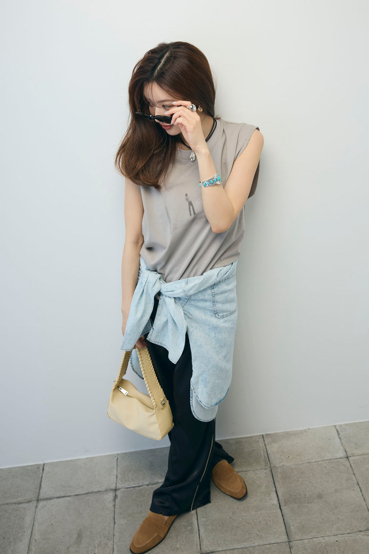 [予約/SET]バックオープンフォトT+サイドラインサテンパンツ+デニムライクシャツ(3set)