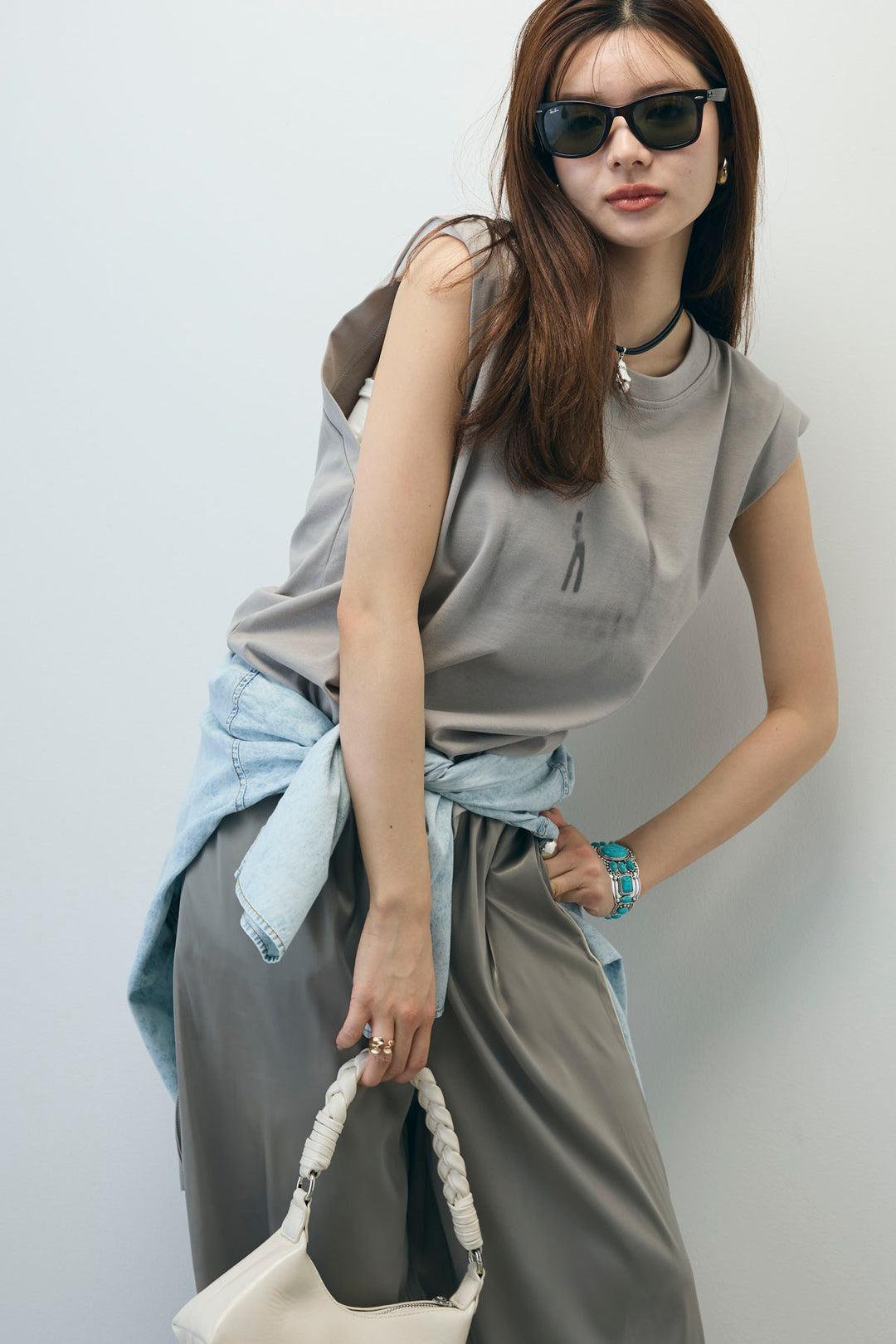 [予約/SET]バックオープンフォトT+サイドラインサテンパンツ+デニムライクシャツ(3set)