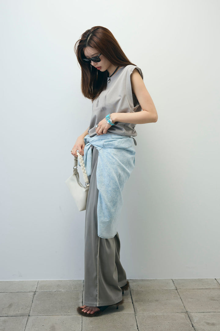 [予約/SET]バックオープンフォトT+サイドラインサテンパンツ+デニムライクシャツ(3set)