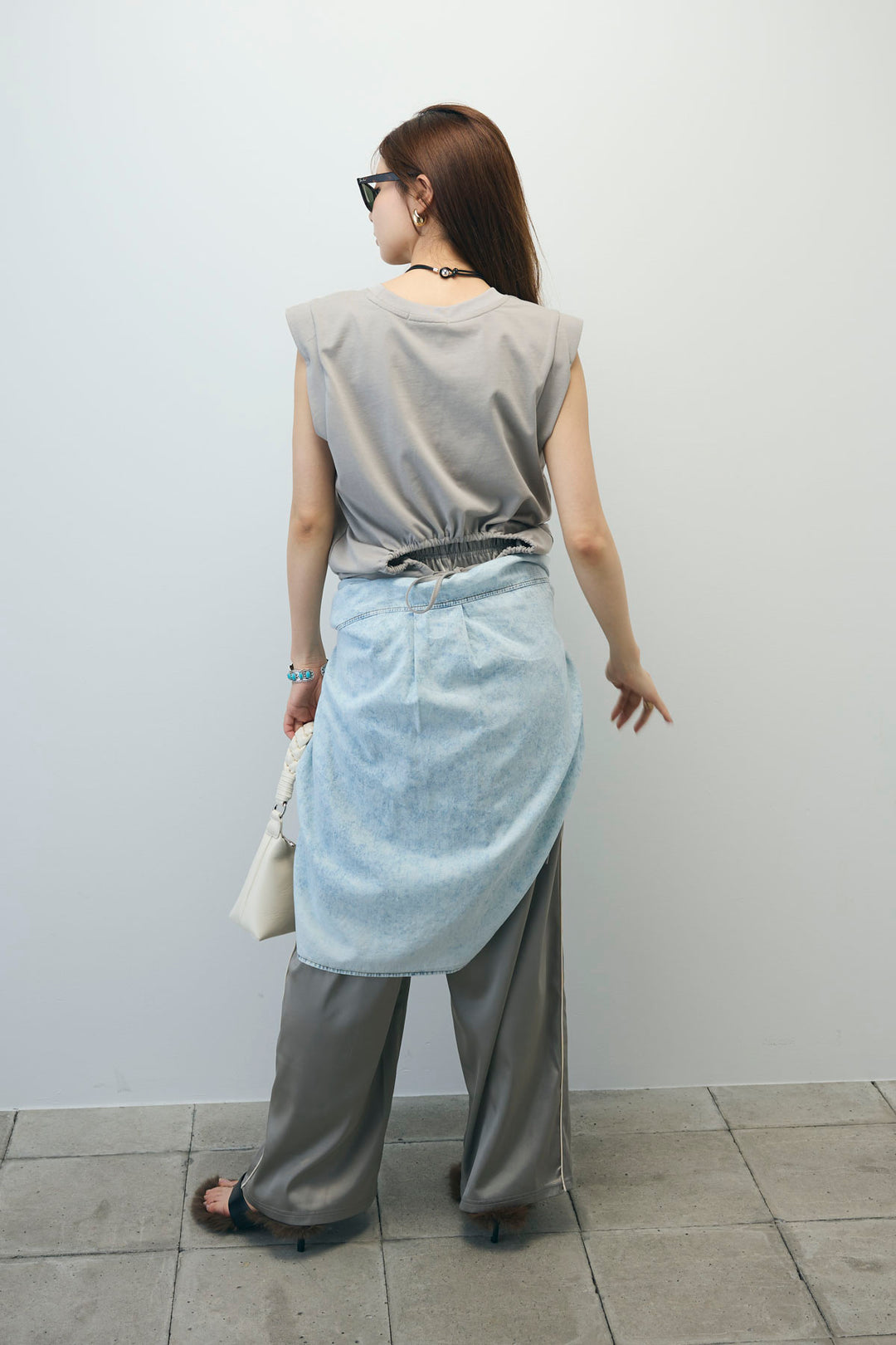 [予約/SET]バックオープンフォトT+サイドラインサテンパンツ+デニムライクシャツ(3set)