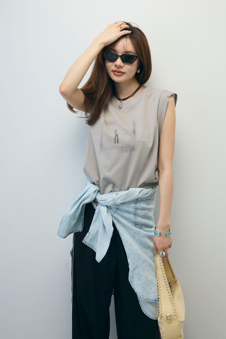 [予約/SET]バックオープンフォトT+サイドラインサテンパンツ+デニムライクシャツ(3set)